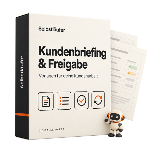 Kundenbriefing & Freigabe als Paketbox mit Vorlagen und Funktionsicons
